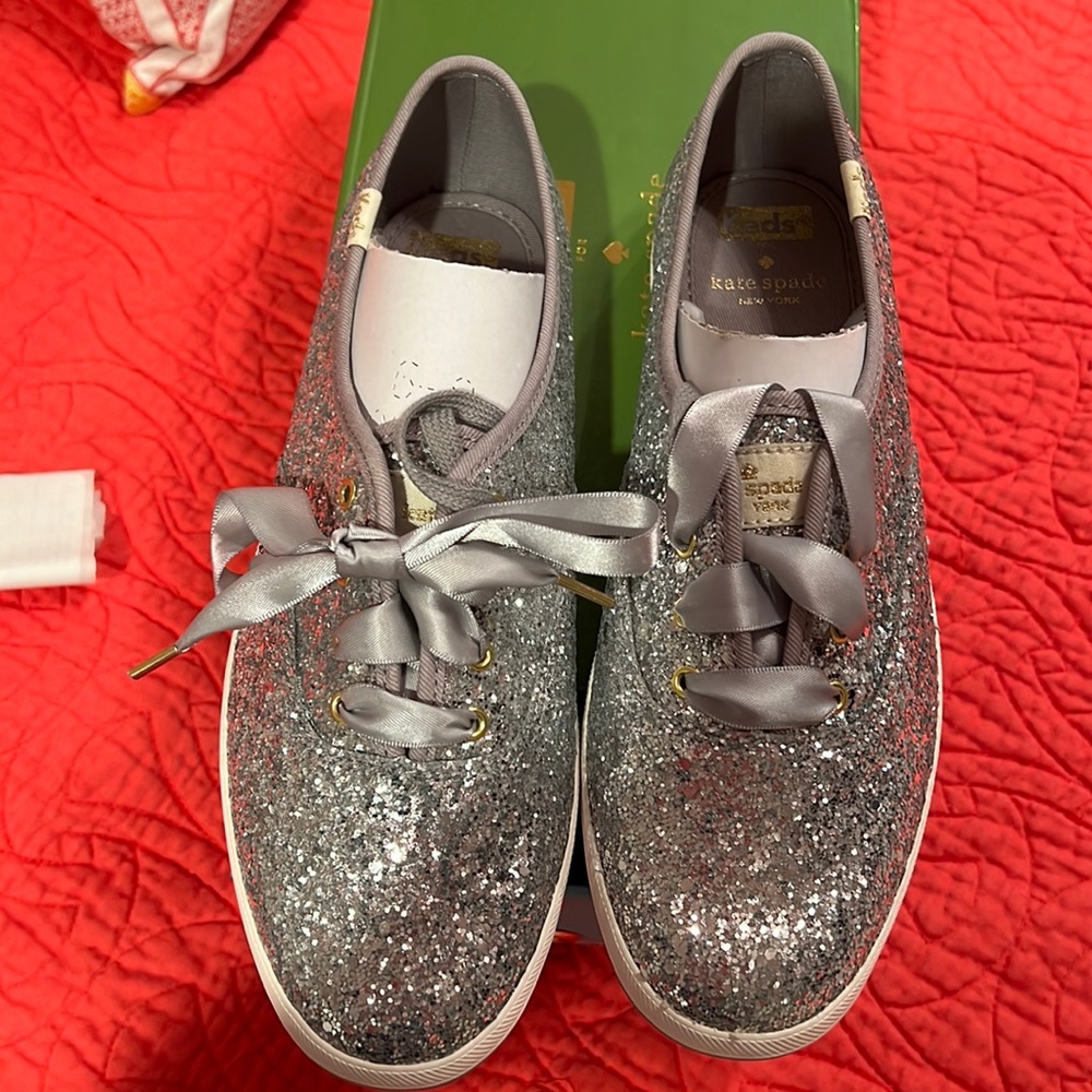 Kate Spade Silver Glitter Lace Up Sneakers